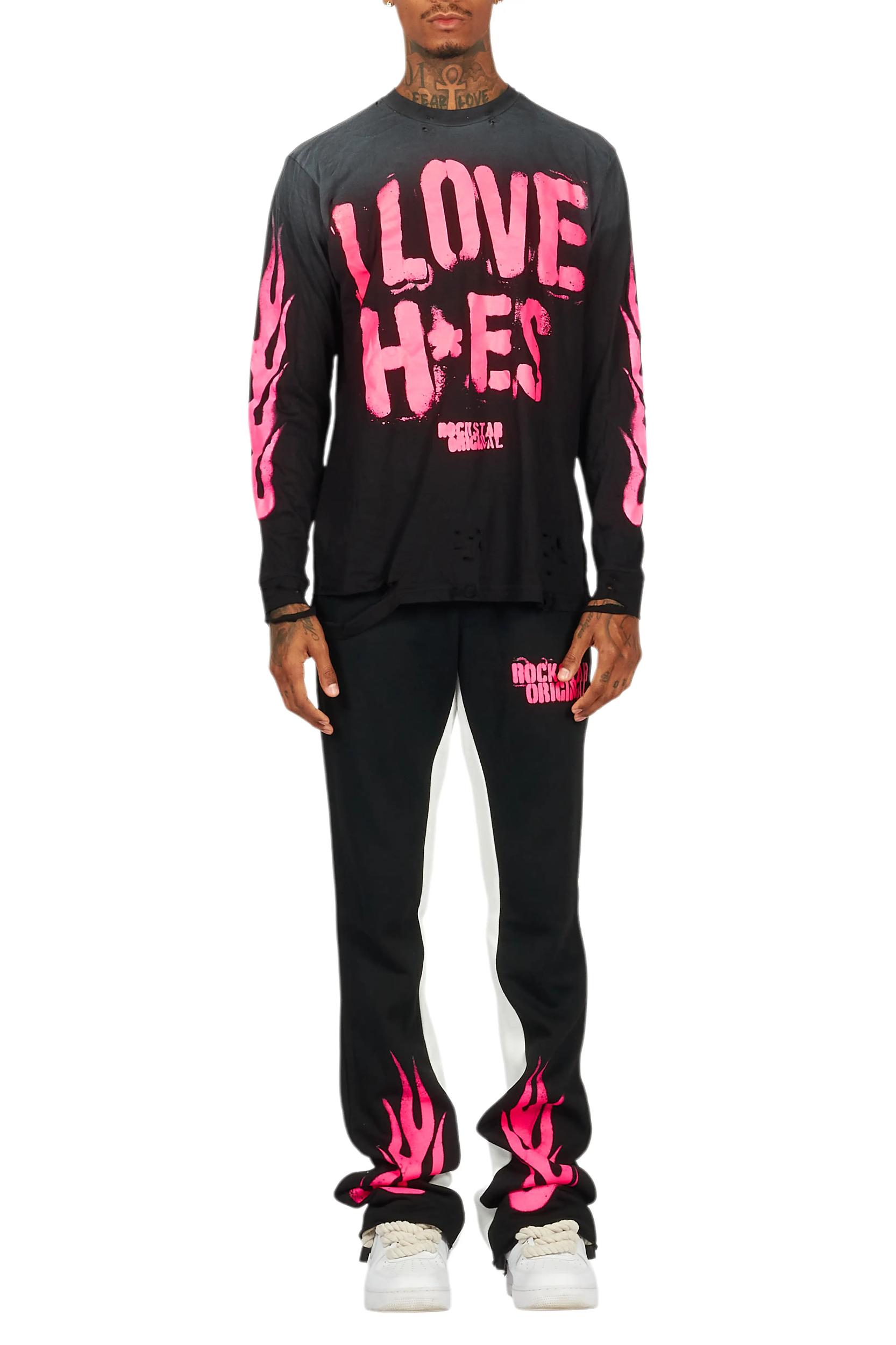 Banyan Black/Pink Long Sleeve T-Shirt/Stacked Baggy Track Pant Set Male Product Image