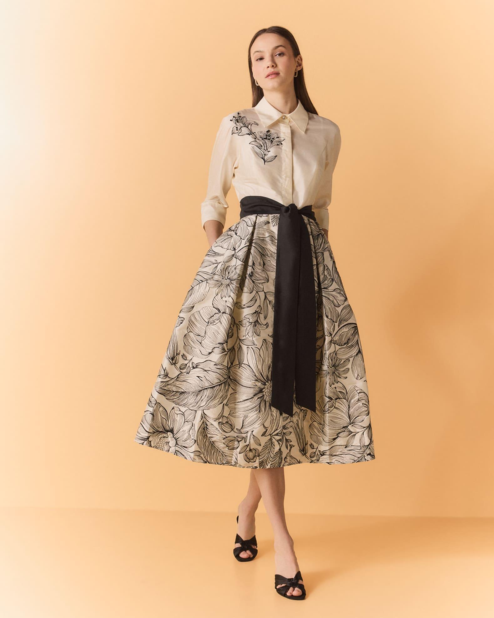 Beaded Floral-Embroidered Midi Shirtdress Product Image