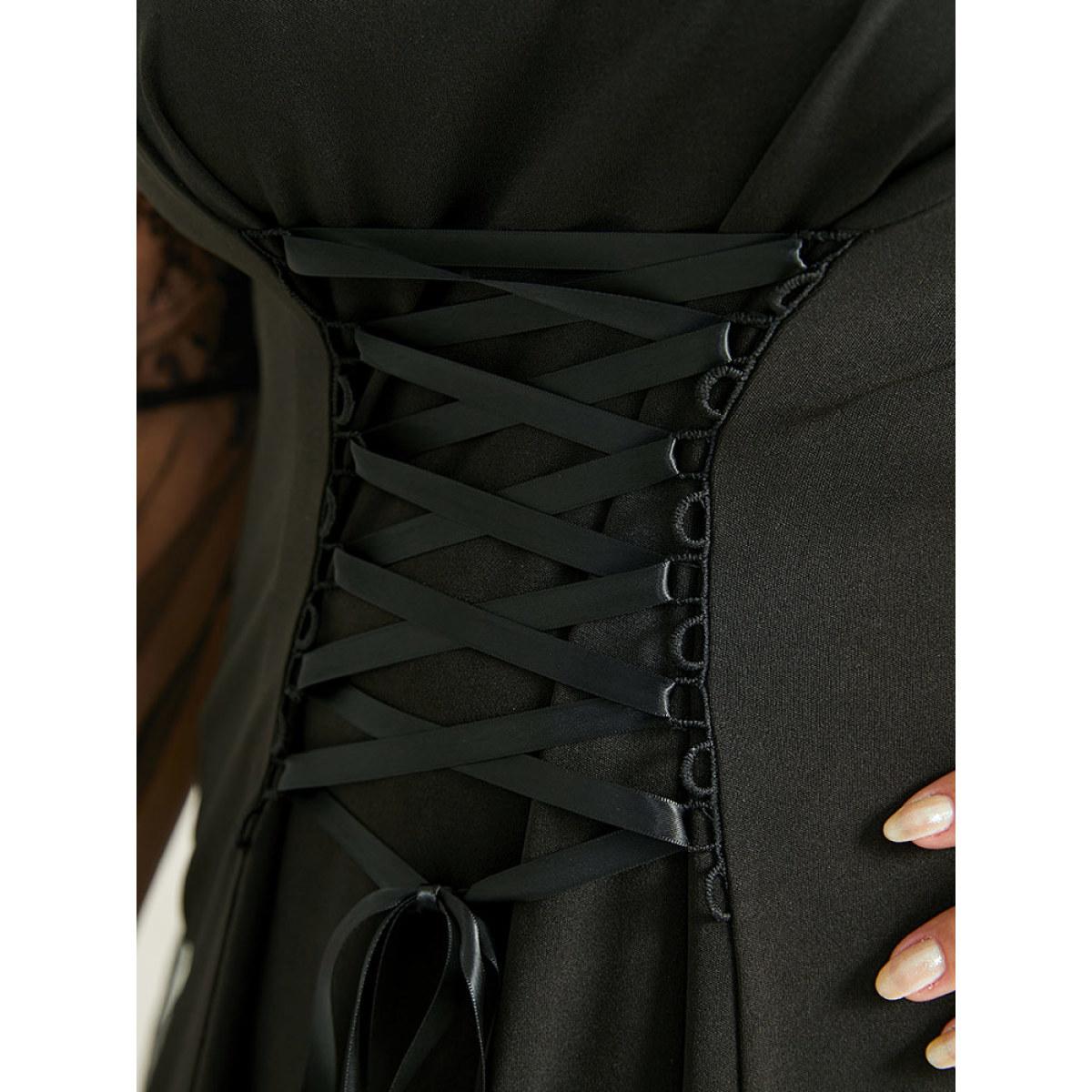 Plus Size Halloween Patchwork Lace Mesh Split Hem Lace Up Dress Black Women Glamour Cross straps Square Neck Short sleeve Curvy Midi Dress BloomChic 12/L Product Image