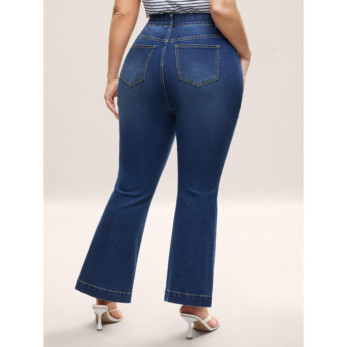 Plus Size Stretchy Waist Whiskered Bootcut Jeans Women Denimindigo Elegant Medium stretch Slanted pocket Jeans BloomChic 30/6X Product Image
