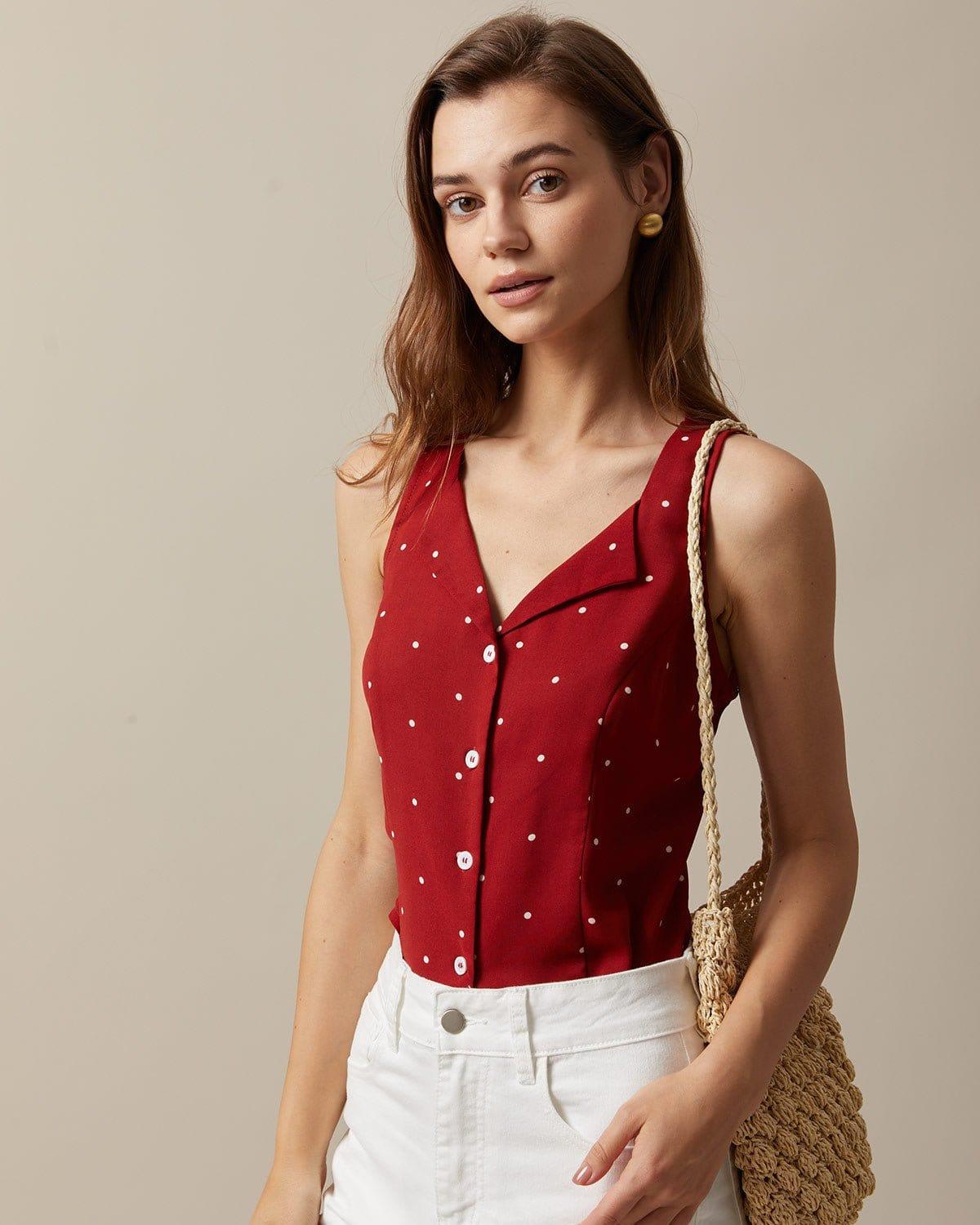 The Red V Neck Polka Dot Print Sleeveless Vest Product Image