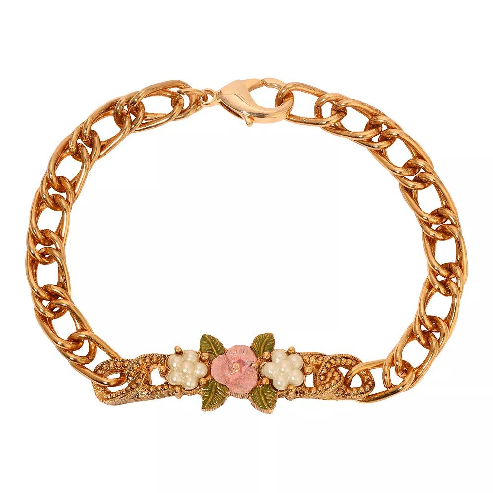 1928 Gold Tone Faux Pearl Pink Flower Link Bracelet, Womens Product Image
