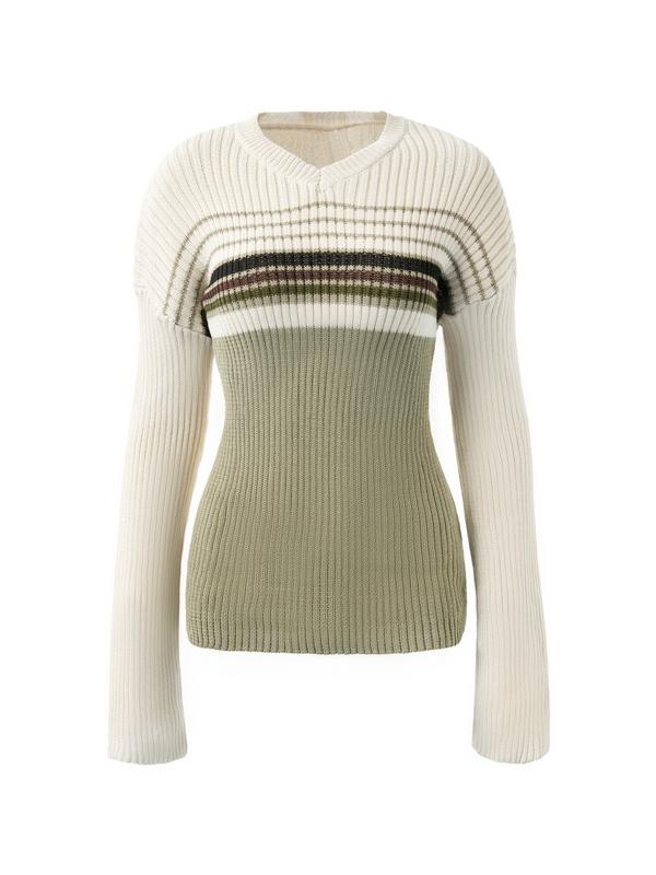 V Neck Stripe Print Sweater Product Image