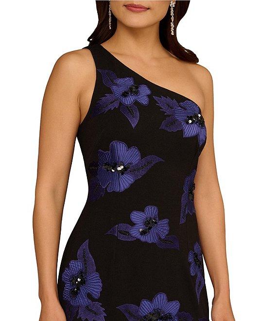 Aidan Mattox One Shoulder Beaded Floral Crepe Sheath Dress Product Image