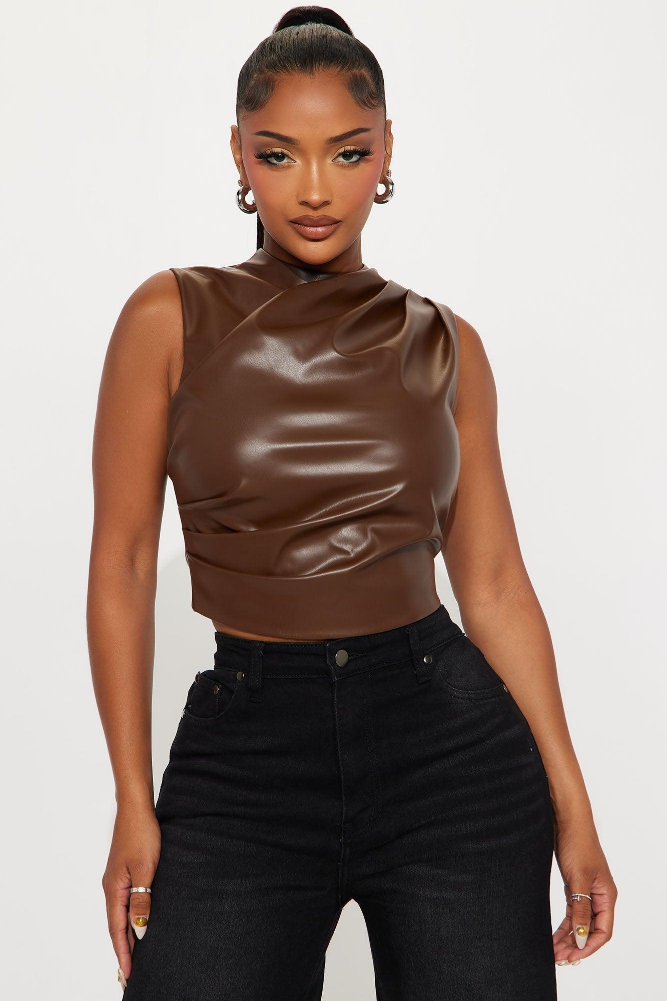 Fall Out Faux Leather Top - Brown Female Product Image