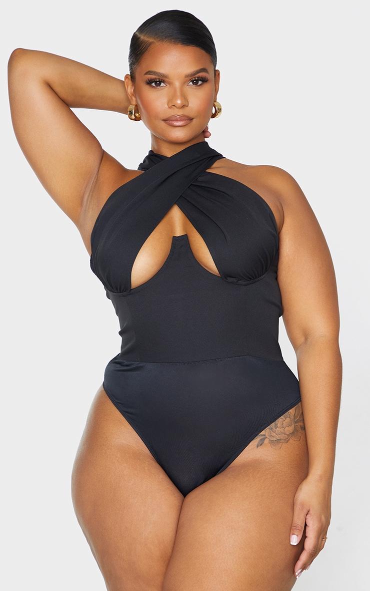 Plus Black Woven Cross Front Underwired Bodysuit Product Image