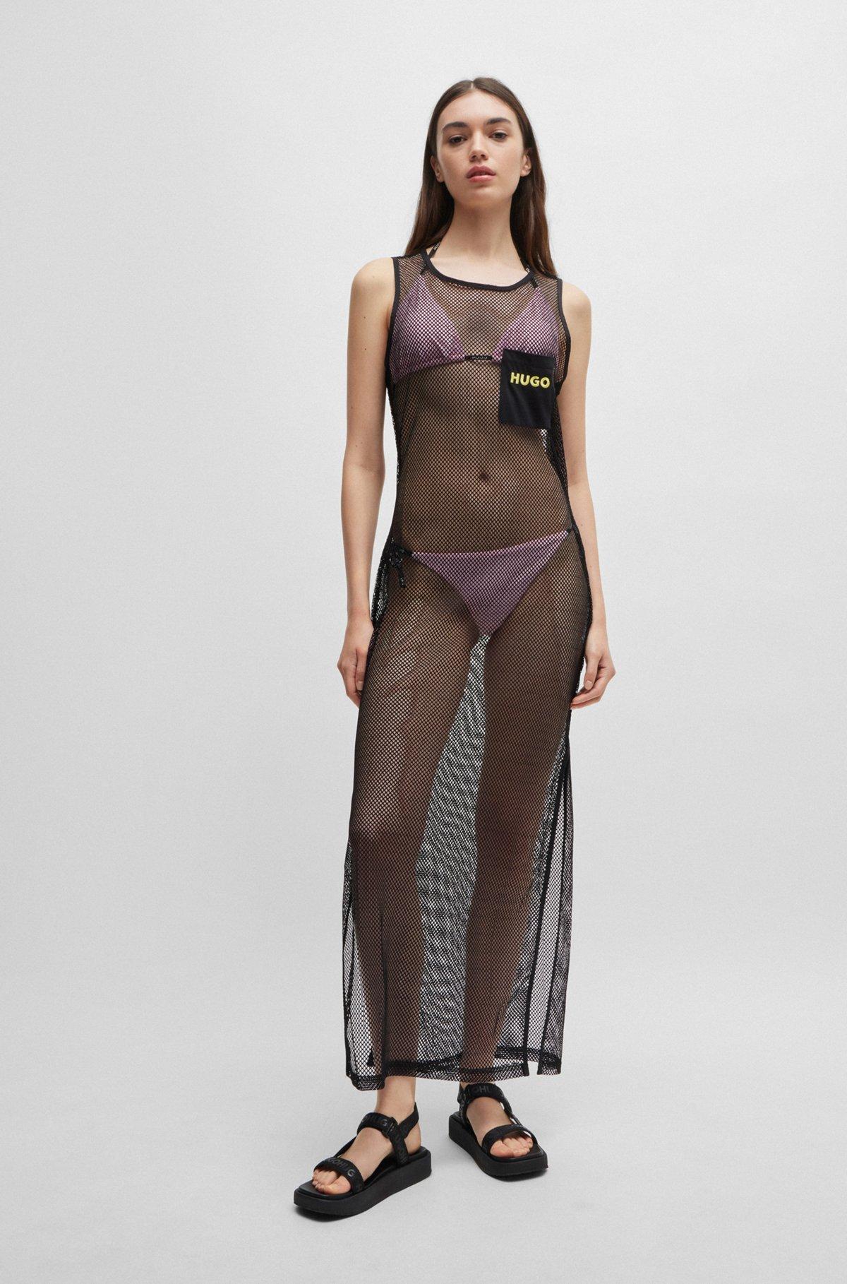 HUGO - Sleeveless dress in net mesh with logo embroidery - Black Product Image