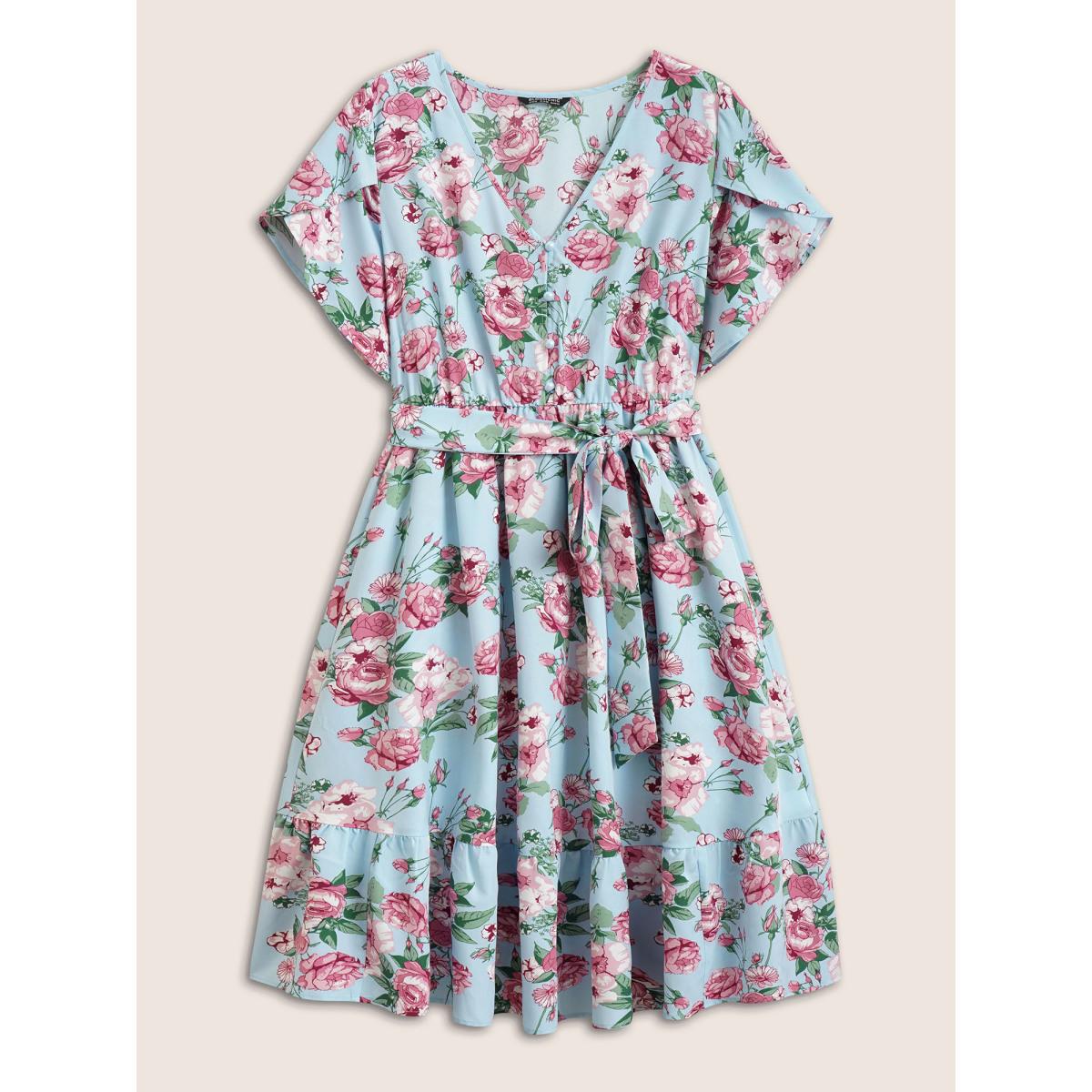 Plus Size Floral Button Detail Gathered Petal Sleeve Dress LightBlue Women Elegant Gathered V-neck Short sleeve Curvy BloomChic 26/4X Product Image