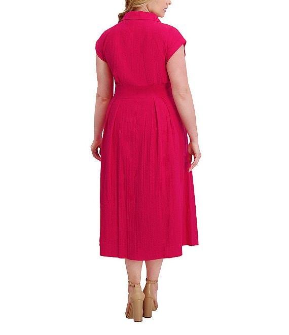 Kensie Plus Size Striped Woven Collared V-Neckline Short Sleeve A-Line Midi Dress Product Image