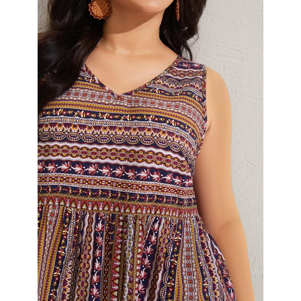 Plus Size Boho Stripe Print V-Neck Tank Top Women Indigo Boho Gathered V-neck Vacation Tank Tops Camis BloomChic 10/M Product Image