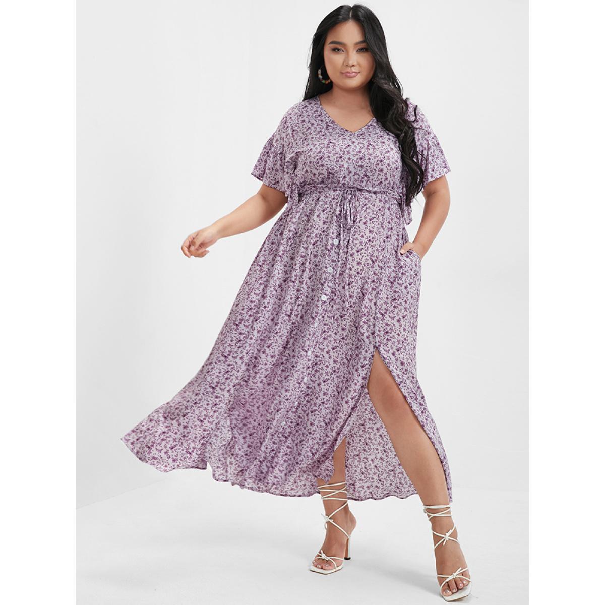 Plus Size Ditsy Floral Ruffles Pocket Button Split Maxi Dress Plum Women Elegant Printed V-neck Cap Sleeve Curvy Long Dress BloomChic 22-24/3X Product Image