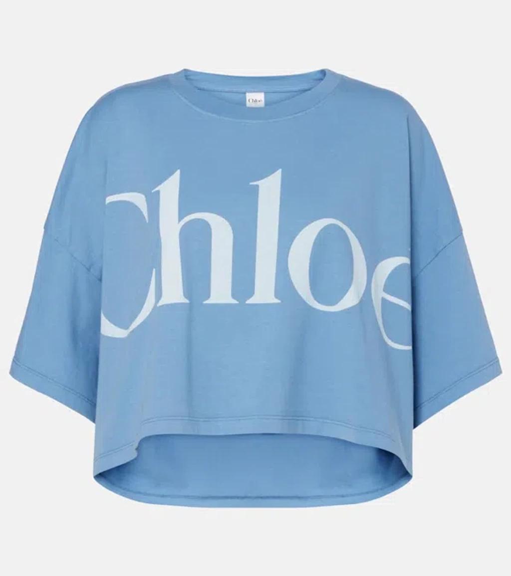 CHLOÉ Women Light Blue Jersey Cropped Logo T-shirt Product Image