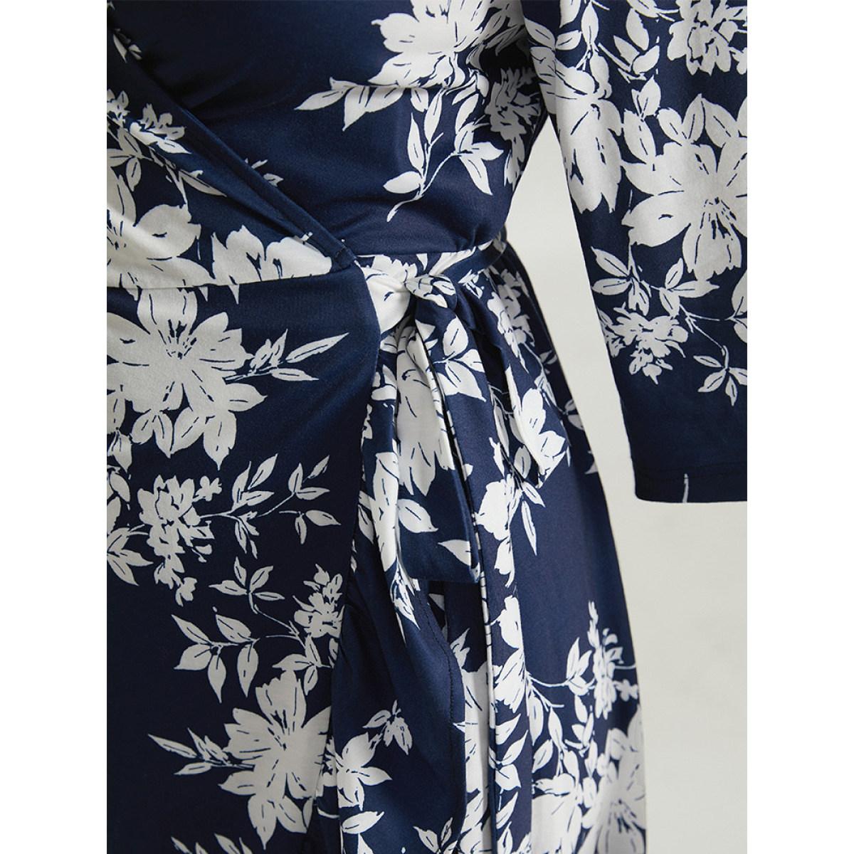 Plus Size Silhouette Floral Print Ties Wrap Dress Indigo Women Elegant Cross straps V-neck Elbow-length sleeve Curvy Midi Dress BloomChic 26/4X Product Image