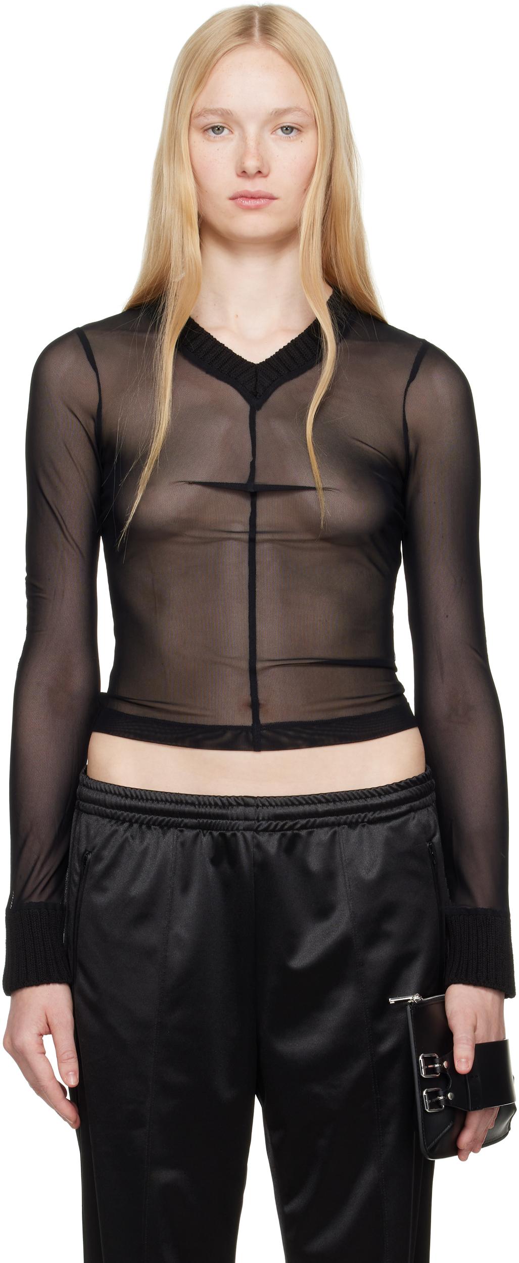 Black Elastic Jersey Mesh Long-Sleeved Sweater Product Image