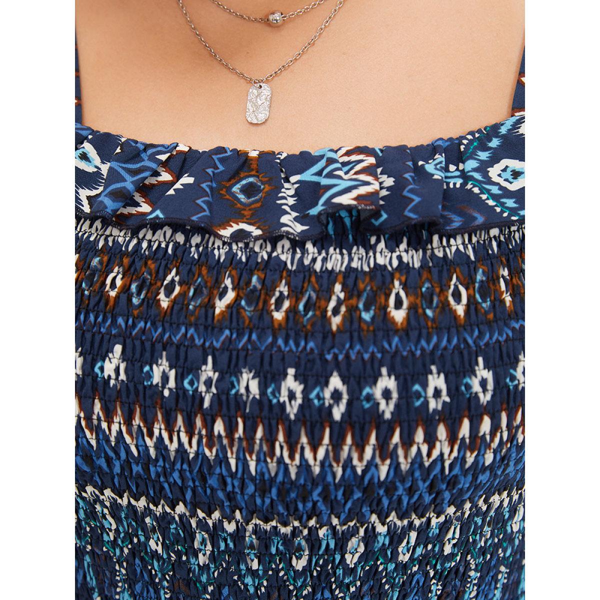 Plus Size DarkBlue Boho Print Shirred Pocket Elastic Wais Ruffle Trim Cami Jumpsuit Women Elegant Sleeveless Spaghetti Strap Dailywear Loose Jumpsuits BloomChic 14-16/1X Product Image