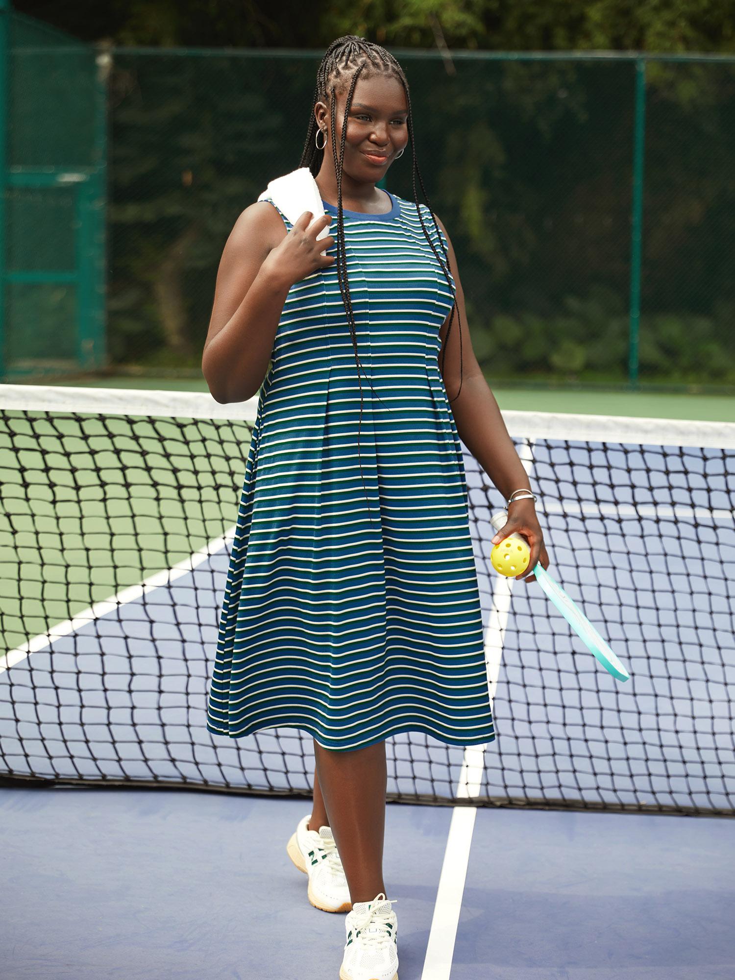 Plus Size Contrast Striped Pleated Pocket Tank Dress Mediumblue Women Casual Contrast Round Neck Sleeveless Curvy BloomChic 18-20/2X Product Image