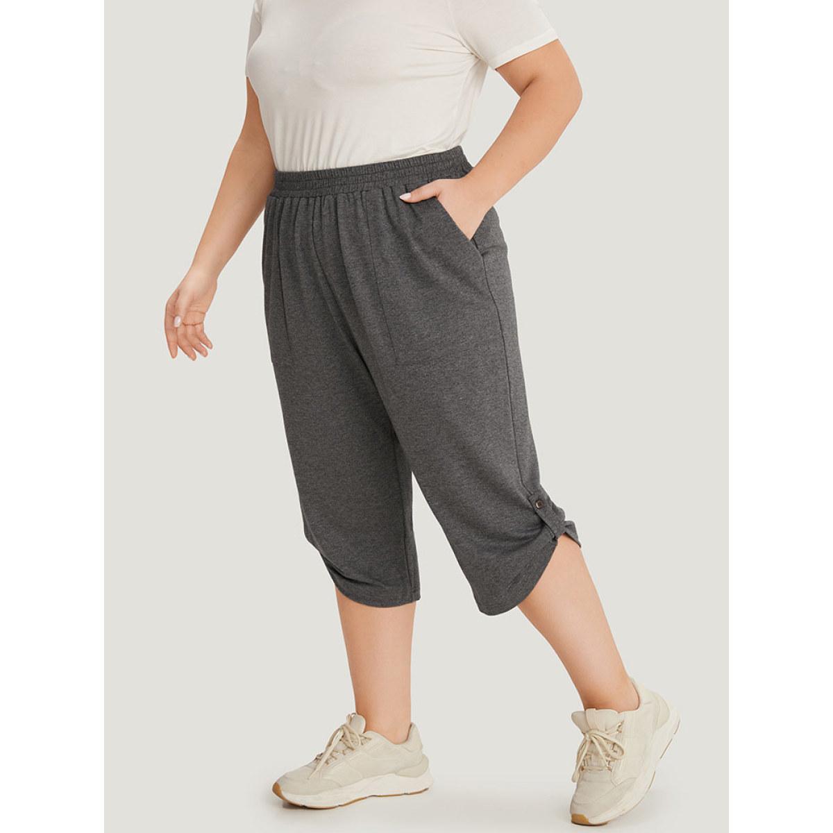 Supersoft Essentials Plain Pocket Button Detail Cropped Sweatpants DimGray Plus Size Women Casual Dailywear Elastic Waist 12/L Bloomchic Product Image