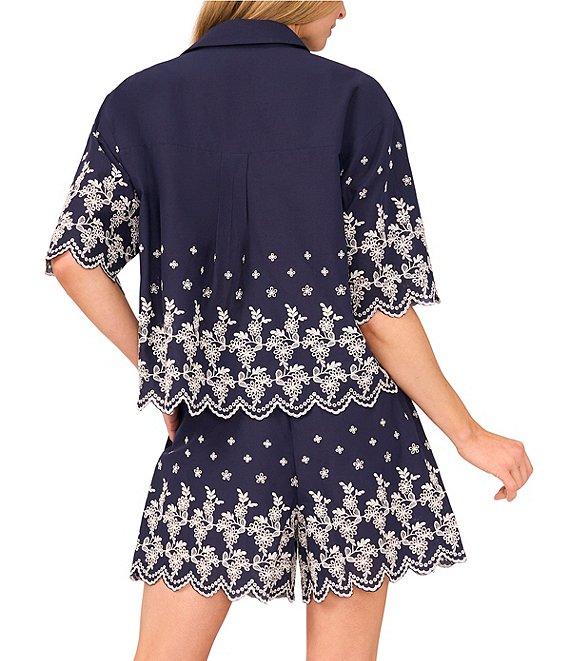 CeCe Woven Collared V-Neck Short Sleeve Floral Embroidered Button Down Shirt Product Image