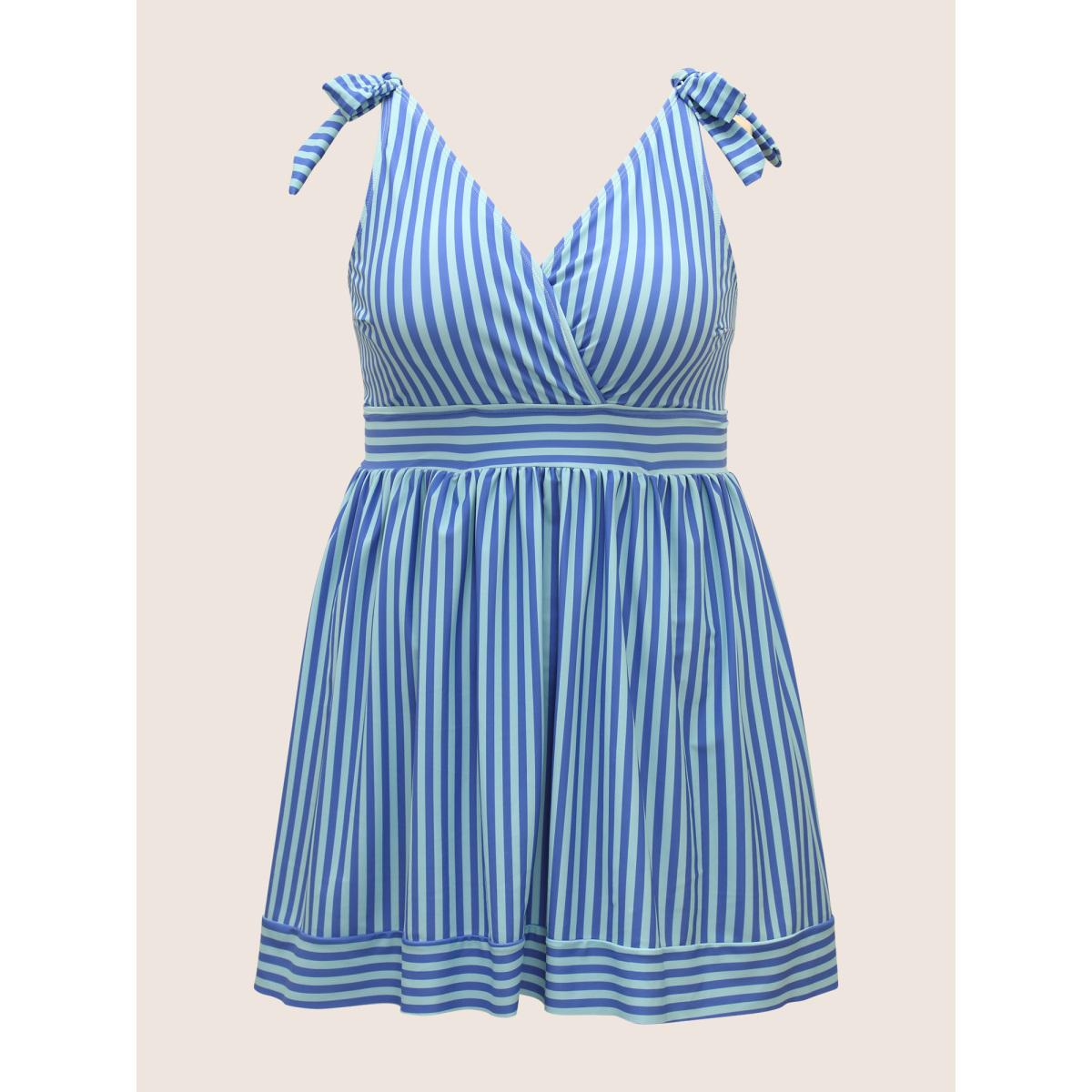 Plus Size V Neck Striped Tie Knot Gathered Swim Dress Women's Swimwear Skyblue Beach Bodycon V-neck High stretch Curve Swim Dresses BloomChic 26/4X Product Image