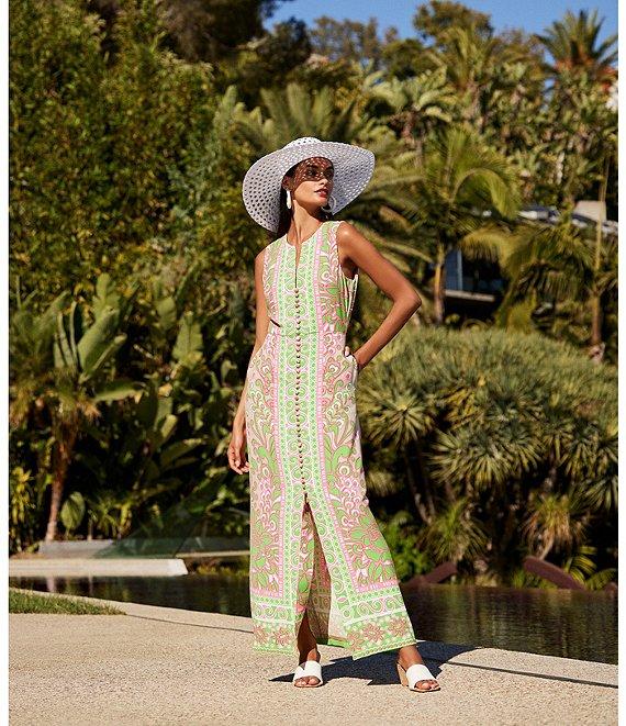 Trina Turk Novak Placed Print V-Neck Sleeveless Button Front Maxi Dress Product Image