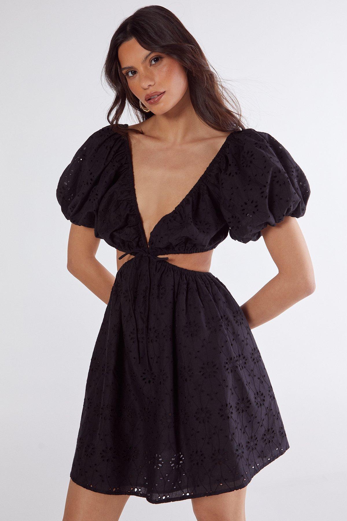 Broderie Cut Out Tie Front Puff Sleeve Skater Dress Product Image