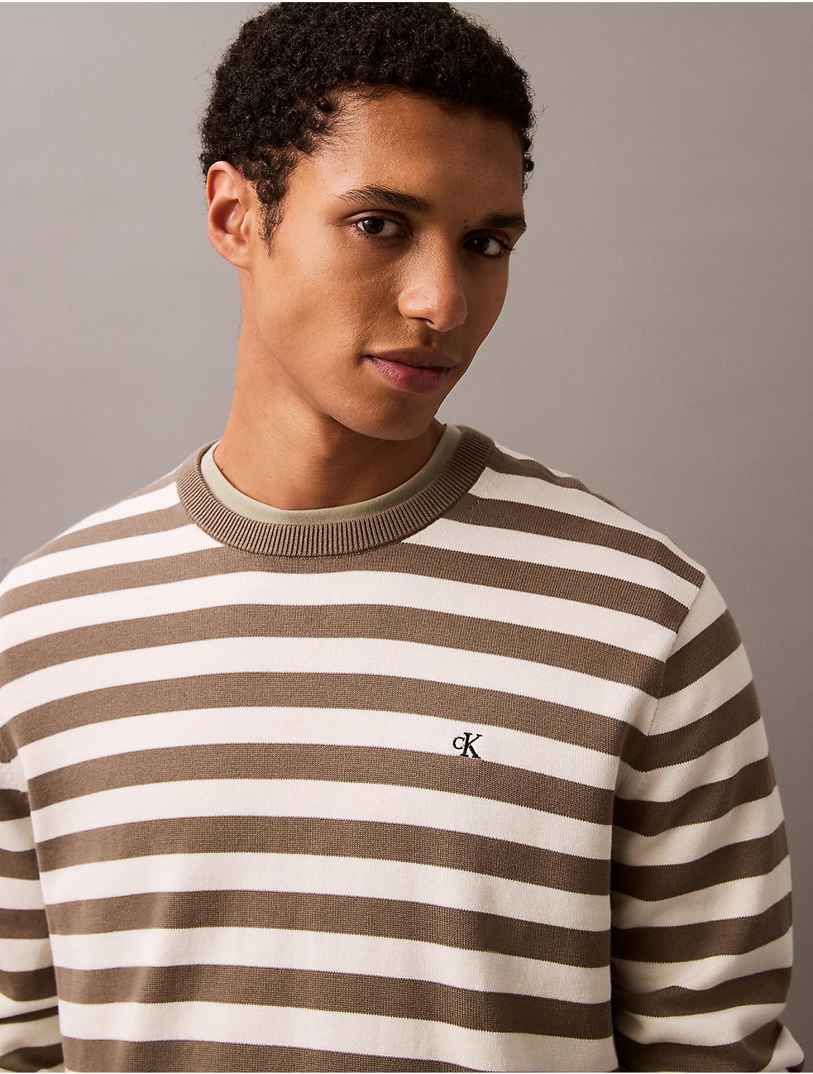 Calvin Klein Mens Smooth Cotton Striped Classic Sweater - White Product Image