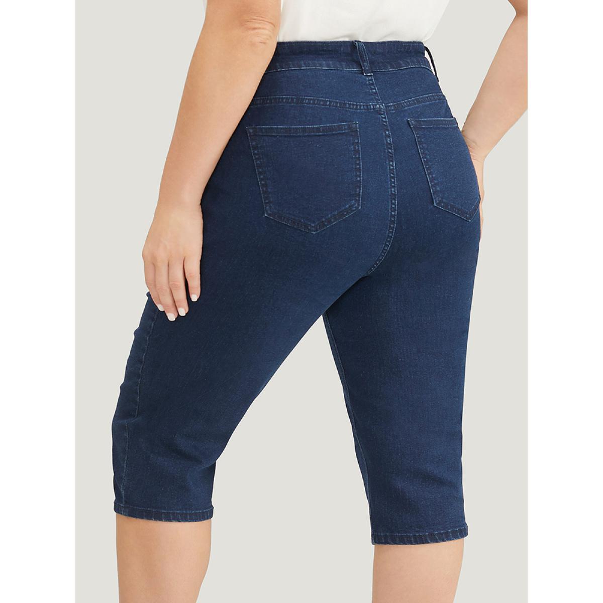 Plus Size Moderately Stretchy High Rise Knee Denim Shorts Women Midnight Elegant Plain Medium stretch Side seam pocket Jeans BloomChic 12/L Product Image