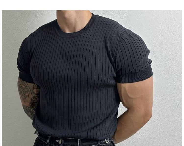 Short-Sleeve Crew Neck Plain Ribbed Knit Top Product Image