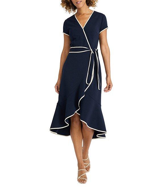 Maggy London Scuba Crepe Contrast Trim V-Neck Short Sleeve Tie Front Wrap Midi Dress Product Image