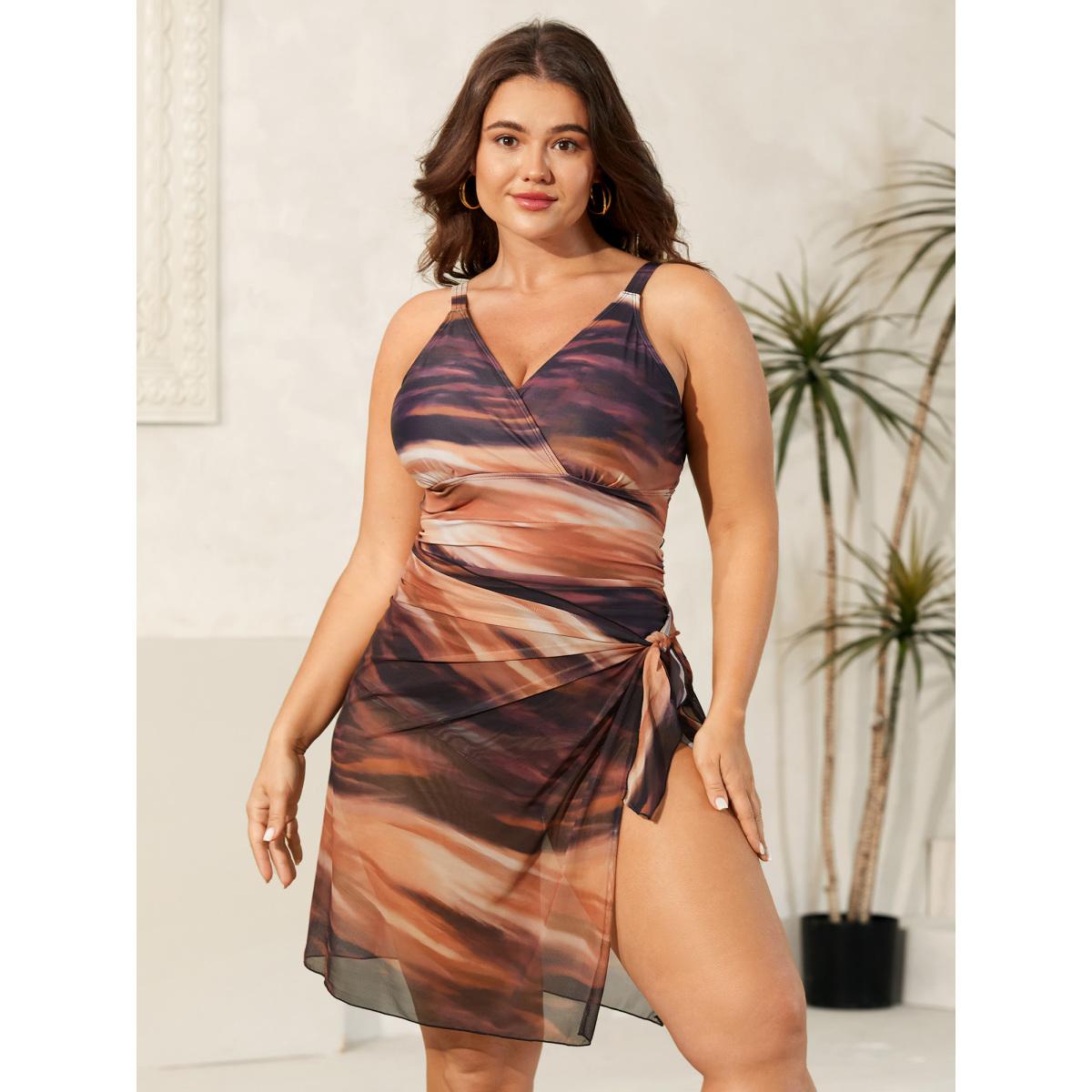 Plus Size Two-Piece Ombre Gradient Surplice Swimsuit, Sarong Women's Swimwear Multicolor Beach Pleated Curve Bathing Suits High stretch One Pieces BloomChic 10/M Product Image