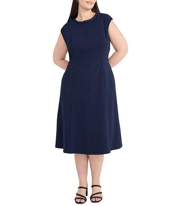 Maggy London Plus Size Scuba Crepe Crew Neck Sleeveless A-Line Midi Dress Product Image