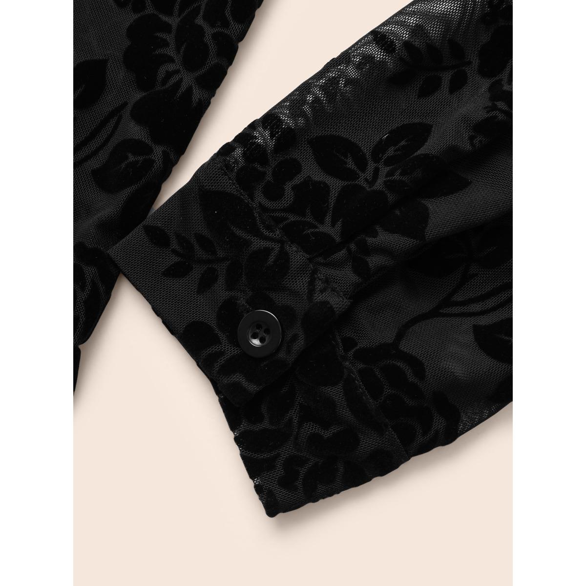 Plus Size Black Shirt Collar Floral Flocking Mesh Blouse Women Elegant Long Sleeve Shirt collar Everyday Blouses BloomChic 26/4X Product Image
