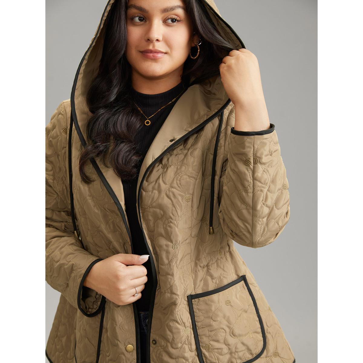 Plus Size Contrast Trim Drawstring Quilted Padded Jacket Women Bronze Lined Pocket Dailywear Jackets BloomChic 28/5X Product Image