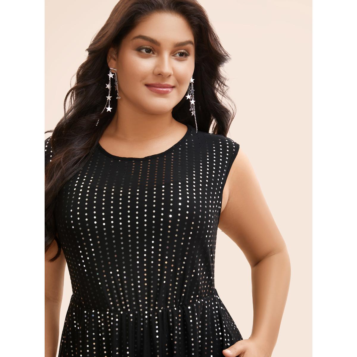 Plus Size Round Neck Sequin Mesh Tank Dress Black Women Cocktail Texture Round Neck Sleeveless Curvy BloomChic 18-20/2X Product Image