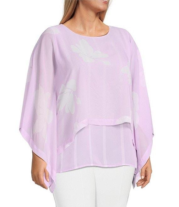 Slim Factor by Investments Plus Size Floral Print Chiffon 3/4 Sleeve Crew Neck Double Layer Top Product Image