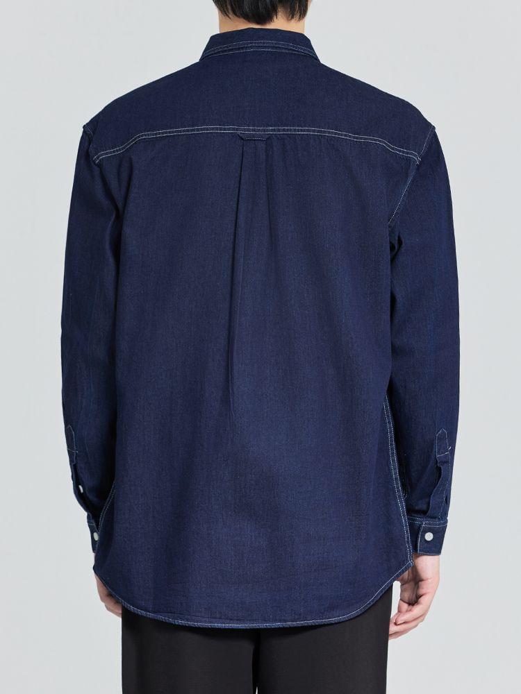 Long Sleeve Collared Denim Cargo Shirt Product Image