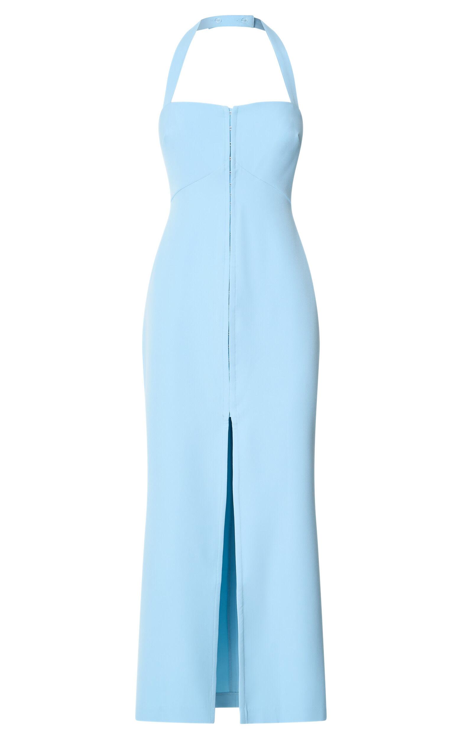 Emkate Midi Dress - Straight Neck Halter Neck Fitted Hook And Eye Front Dress in Blue Product Image