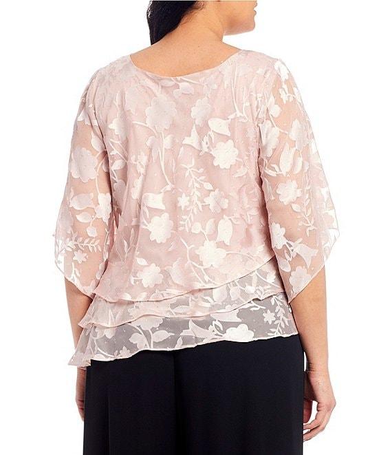 Alex Evenings Plus Size Asymmetrical Tiered Hem Round Neck 3/4 Illusion Sleeve Burnout Floral Chiffon Blouse Product Image