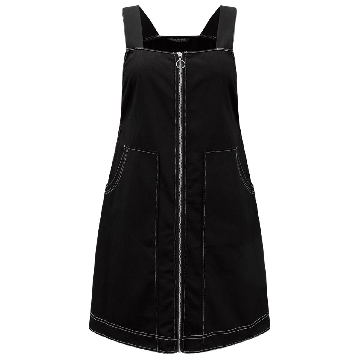 Plus Size Twill O Ring Zipper Pocket Spaghetti Strap Dress Black Women Casual Plain Spaghetti Strap Sleeveless Curvy Midi Dress BloomChic 10/M Product Image