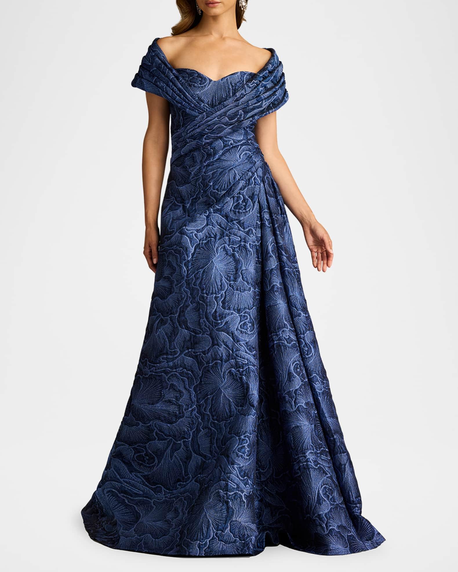 Pleated Off-Shoulder Floral Jacquard Gown Product Image