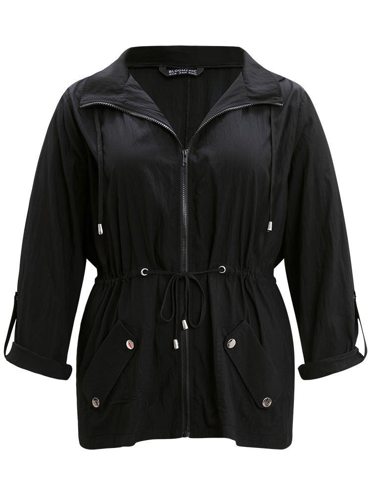 Plain Hooded Zipper Drawstring Tab Sleeve Coat Female Product Image