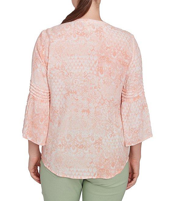 Ruby Rd. Soft Silky Slub Patchwork Band V-Neck 3/4 Bell Sleeve Pleated Flowy Blouse Product Image