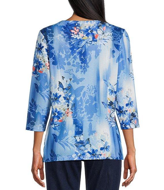 Allison Daley Petite Size Floral Print 3/4 Sleeve V-Neck Beaded Applique Knit Top Product Image