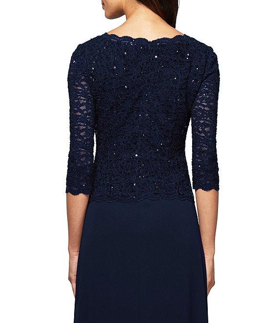 Alex Evenings 3/4 Sleeve Sequined Lace Crew Neck Scalloped Bodice Chiffon Skirted Gown Product Image