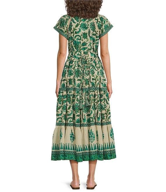 Mo Maya Mojo Printed V-Neck Short Sleeve Flare Midi Dress Product Image