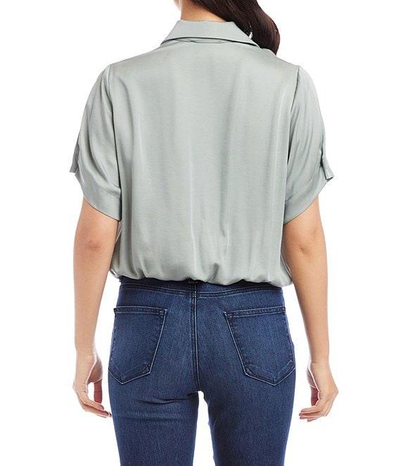 Karen Kane Soft Satin Point Collar Short Sleeve Tie Front Top Product Image