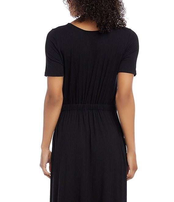 Karen Kane Cinched Waist Round Neck Short Sleeve Pocketed Artisan Midi Dress Product Image