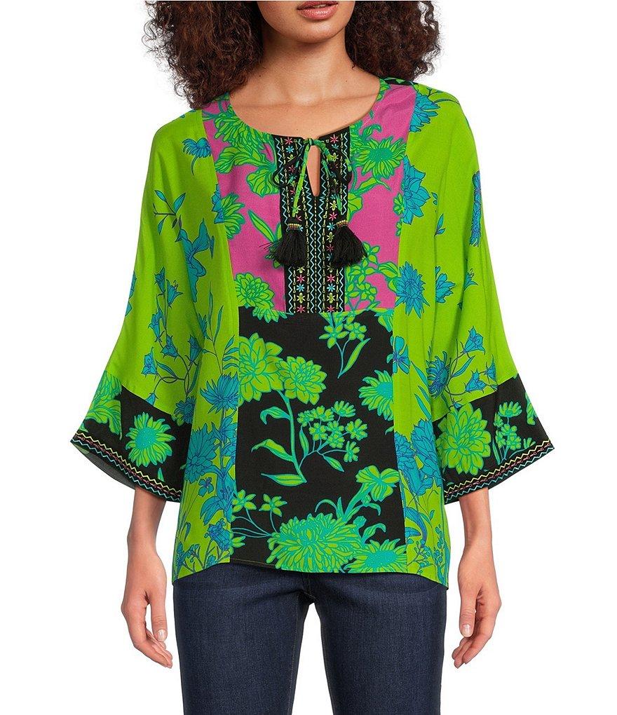 John Mark Petite Size Embroidered Printed Split Round Neck 3/4 Dolman Sleeve Tassel Tie Tunic Product Image