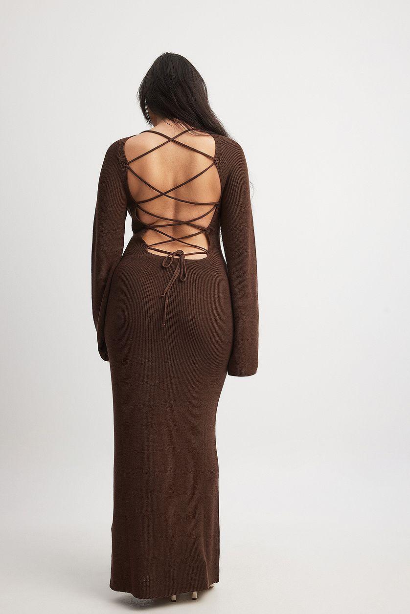 Open Back Lace Detail Knitted Maxi Dress Beige Product Image