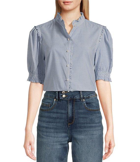 KARL LAGERFELD PARIS Poplin Striped Round Neck Ruffle 3/4 Sleeve Button Front Top Product Image